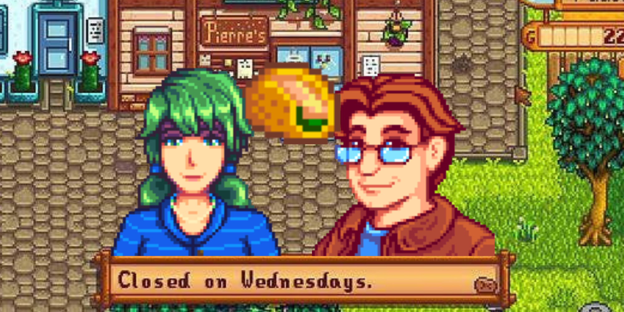 Pierre, Caroline, and fish tacos in front of a closed general store in Stardew Valley