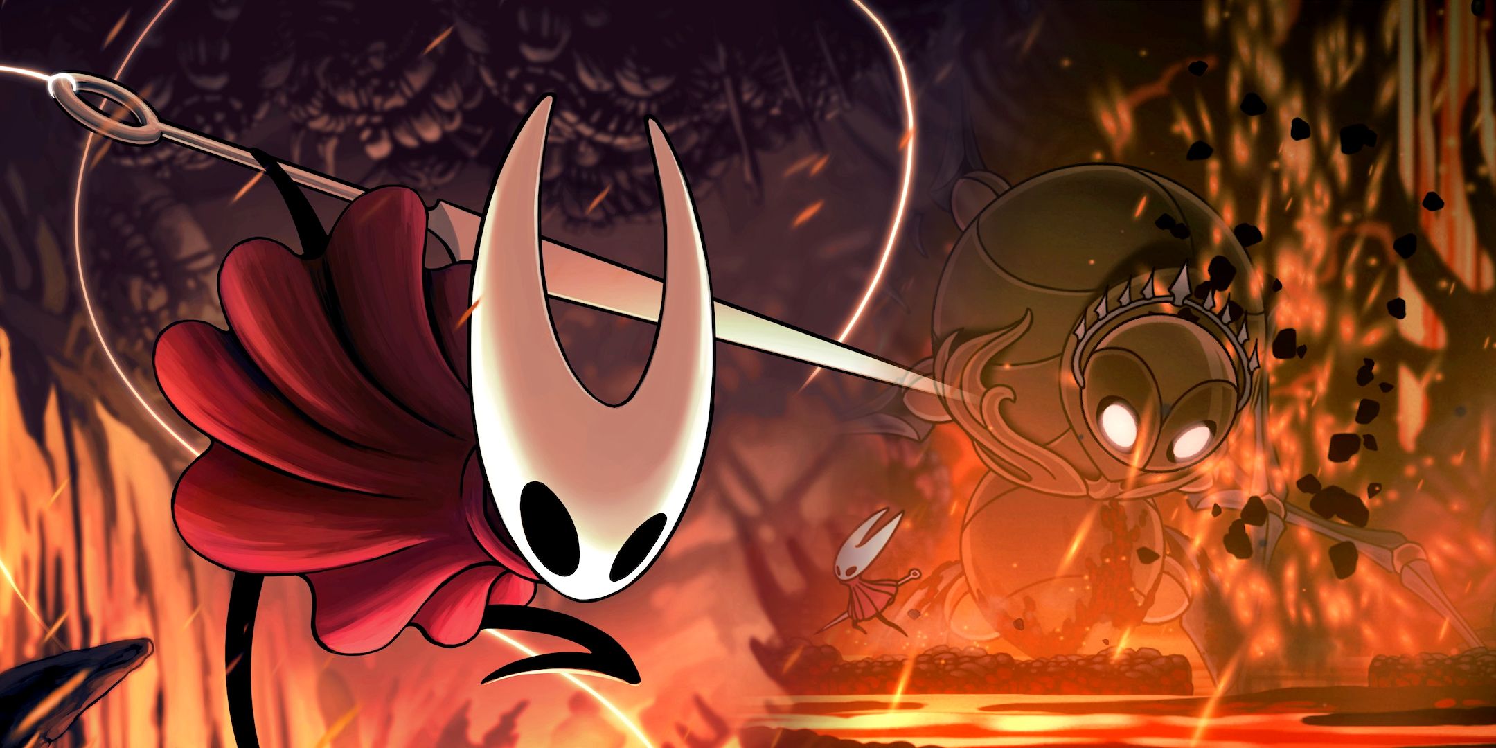 Hollow Knight Silksong promotional art blending into an image of fighting a boss in the game.