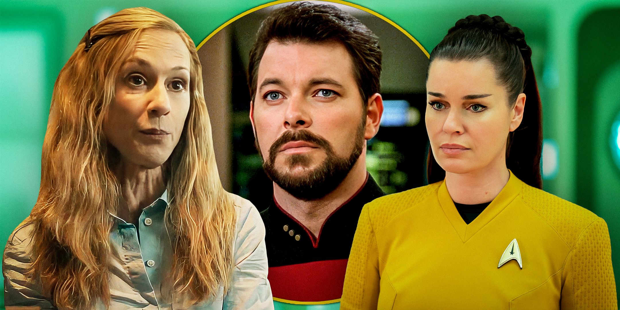(Holly-Hunter-as-Darcy-Baylor)-from-Strange-Weather,-(Jonathan-Frakes--as-Captain-Riker)-and-Rebecca-Romijn-as-Number-One-in-Strange-New-Worlds