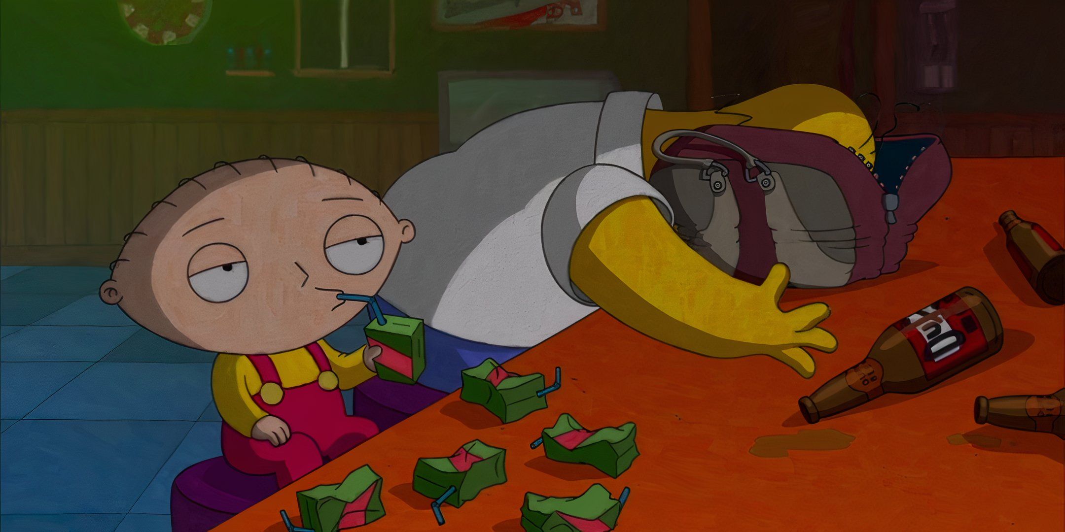 Homer drunk and asleep next to Stewie drinking a juice box at the bar in May the 12th Be with You