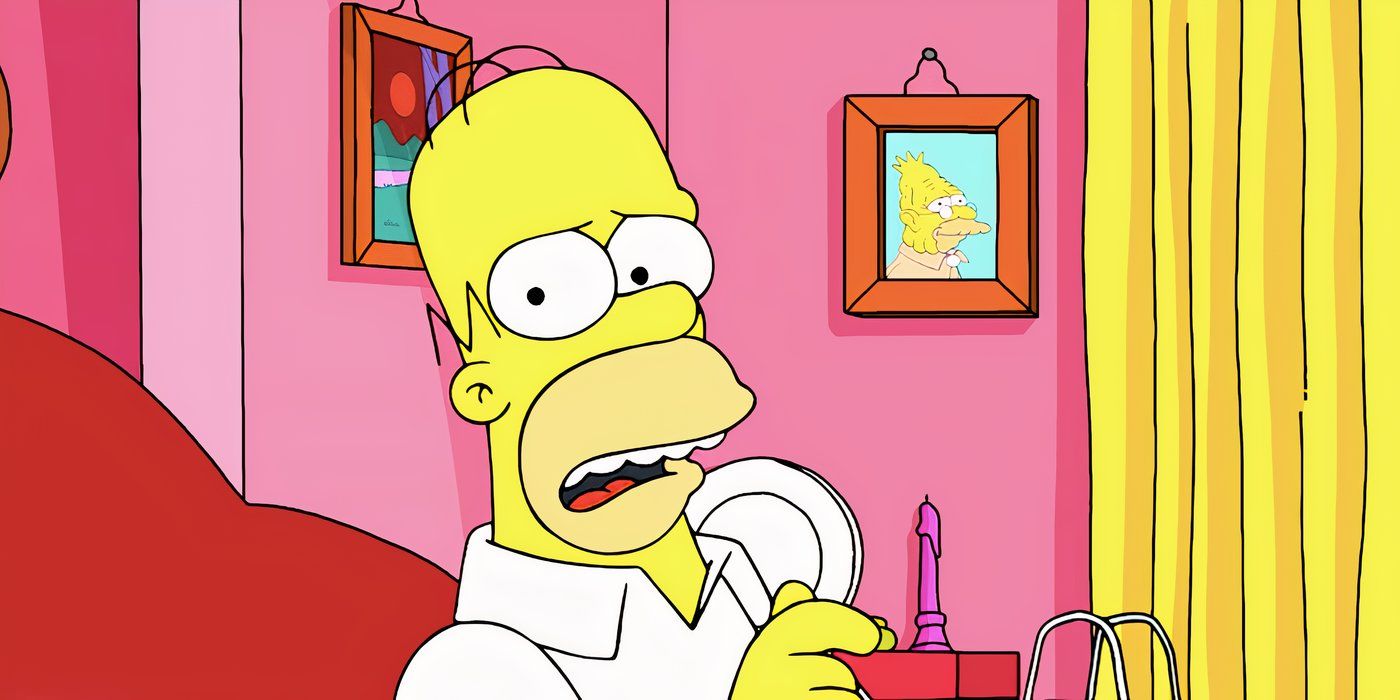 Homer parece preocupado sentado no sofá no episódio 17 da 35ª temporada dos Simpsons