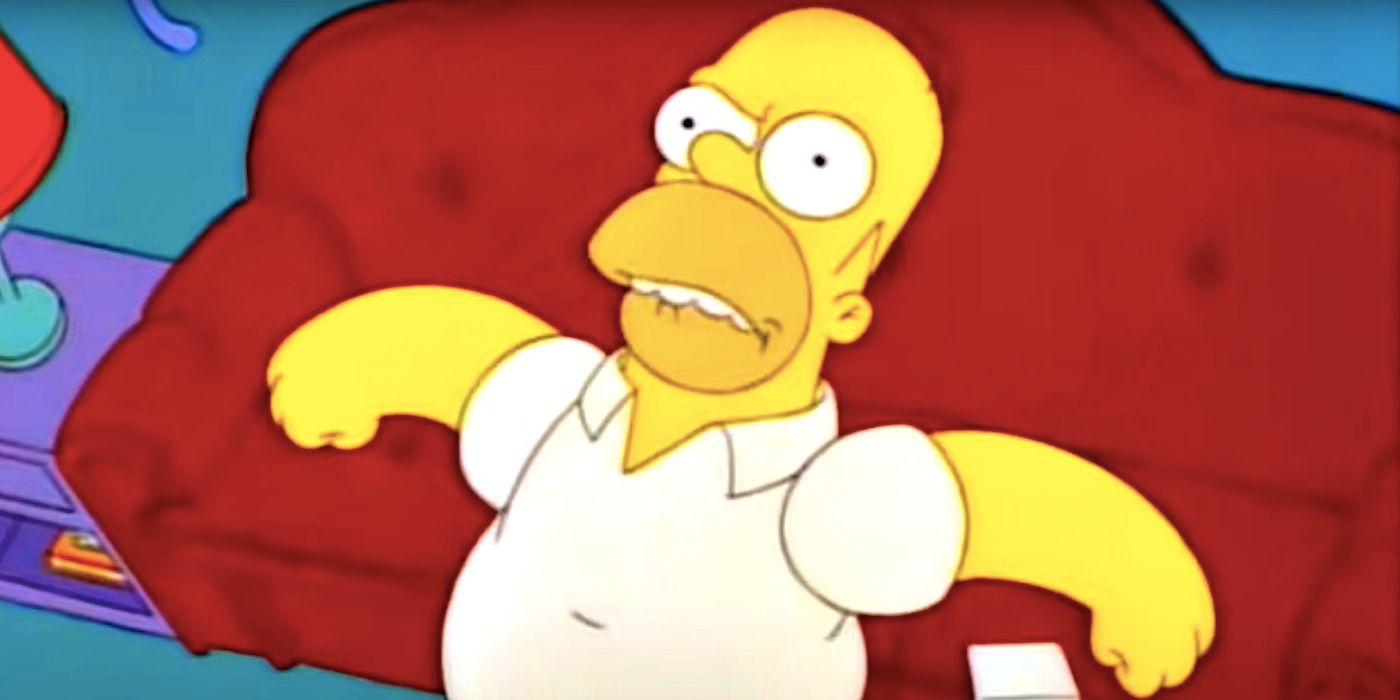 Homer looking furious beside a couch in The Simpsons
