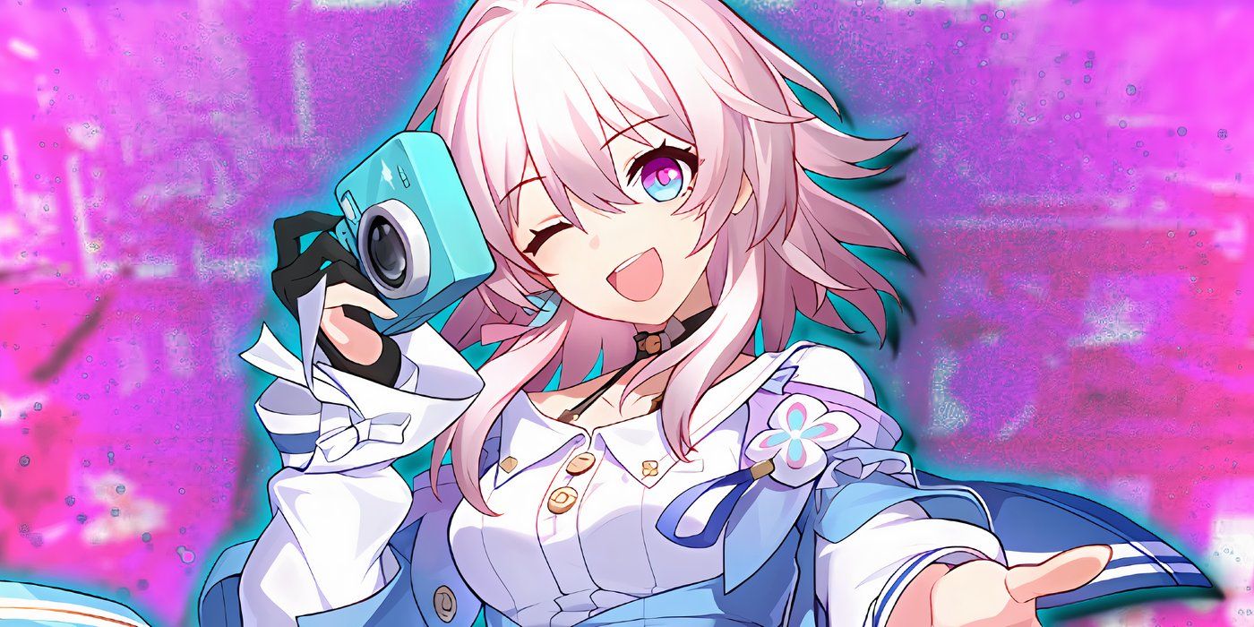 Honkai Star Rail's March 7th smiles and holds her camera.