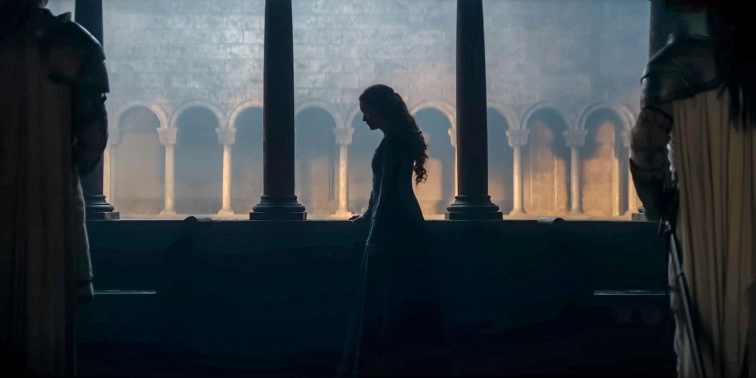 Queen Alicent Hightower (Olivia Cooke) seen in profile against the light in her palace in House of the Dragon season 2