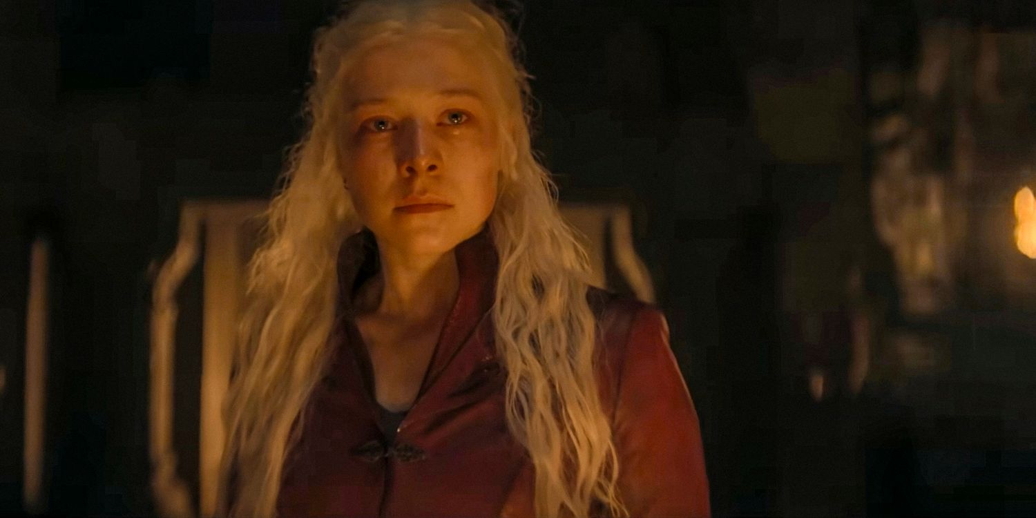 Queen Rhaenyra Targaryen (Emma D'Arcy) holding back tears in House of the Dragon season 2