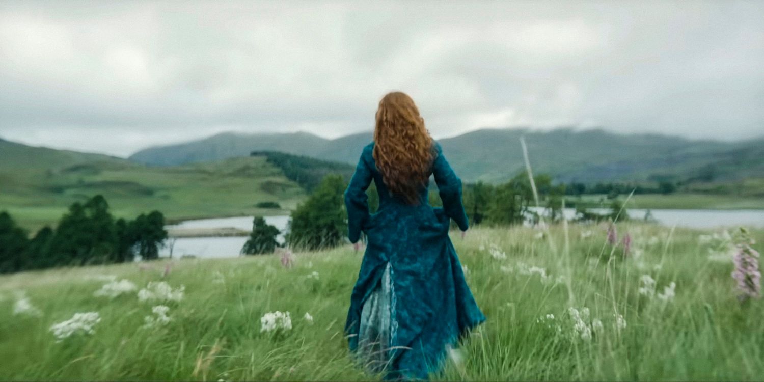 Queen Alicent Hightower (Olivia Cooke) seen from behind running through a green valley in House of the Dragon season 2