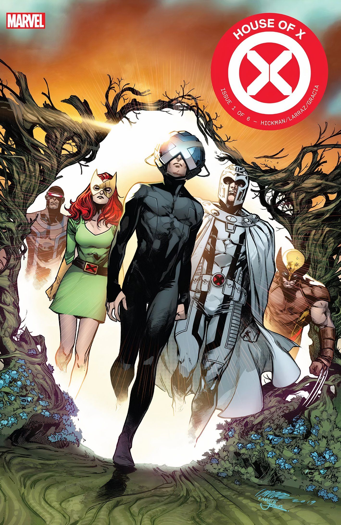 Capa de House of X #1, Professor X conduzindo Magneto, Jean Grey, Ciclope e Wolverine através de um Portão Krakoan.