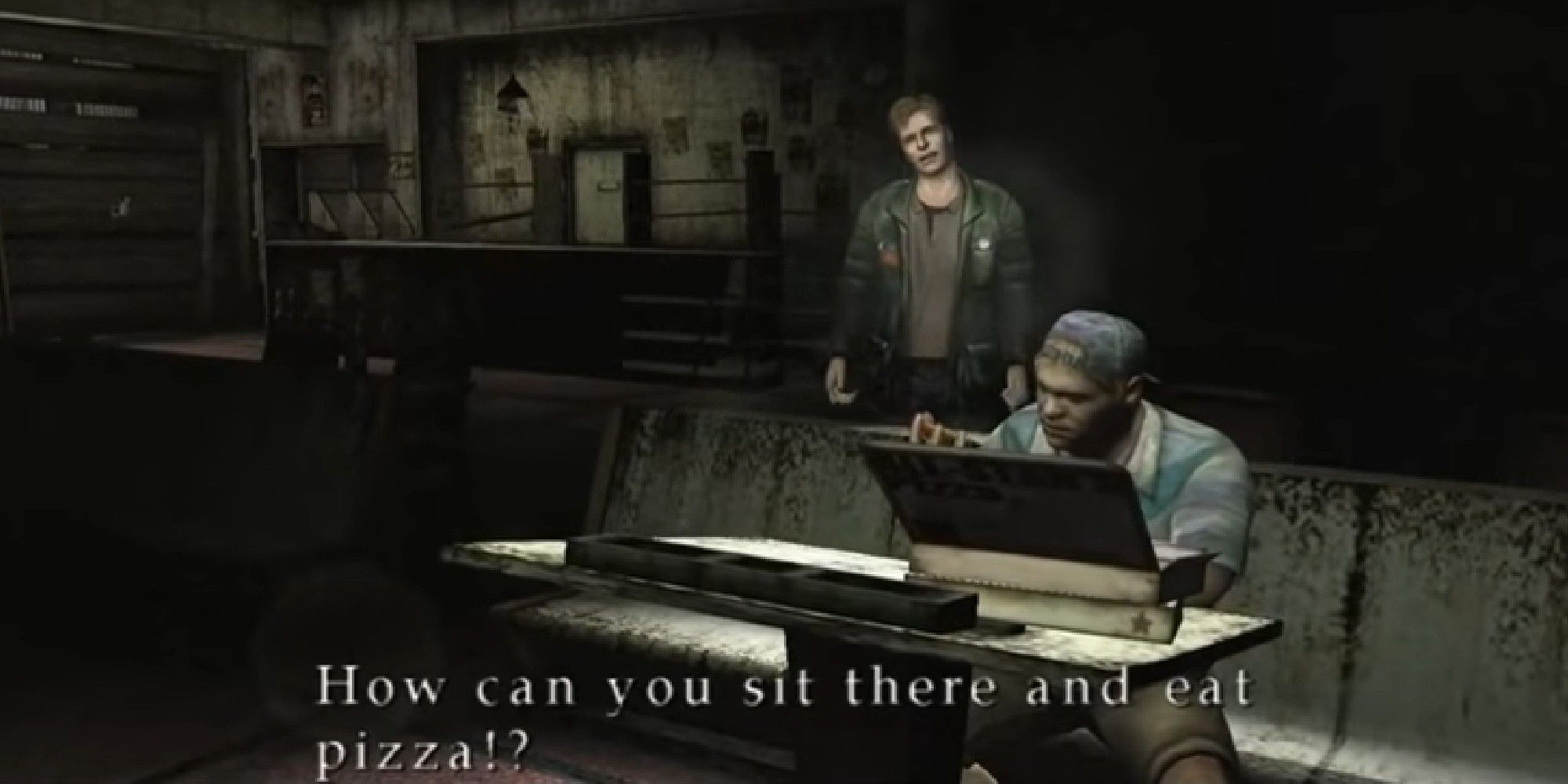 James stands behind Eddie in Silent Hill 2. Eddie is eating pizza, James looks angry. Text reads: 