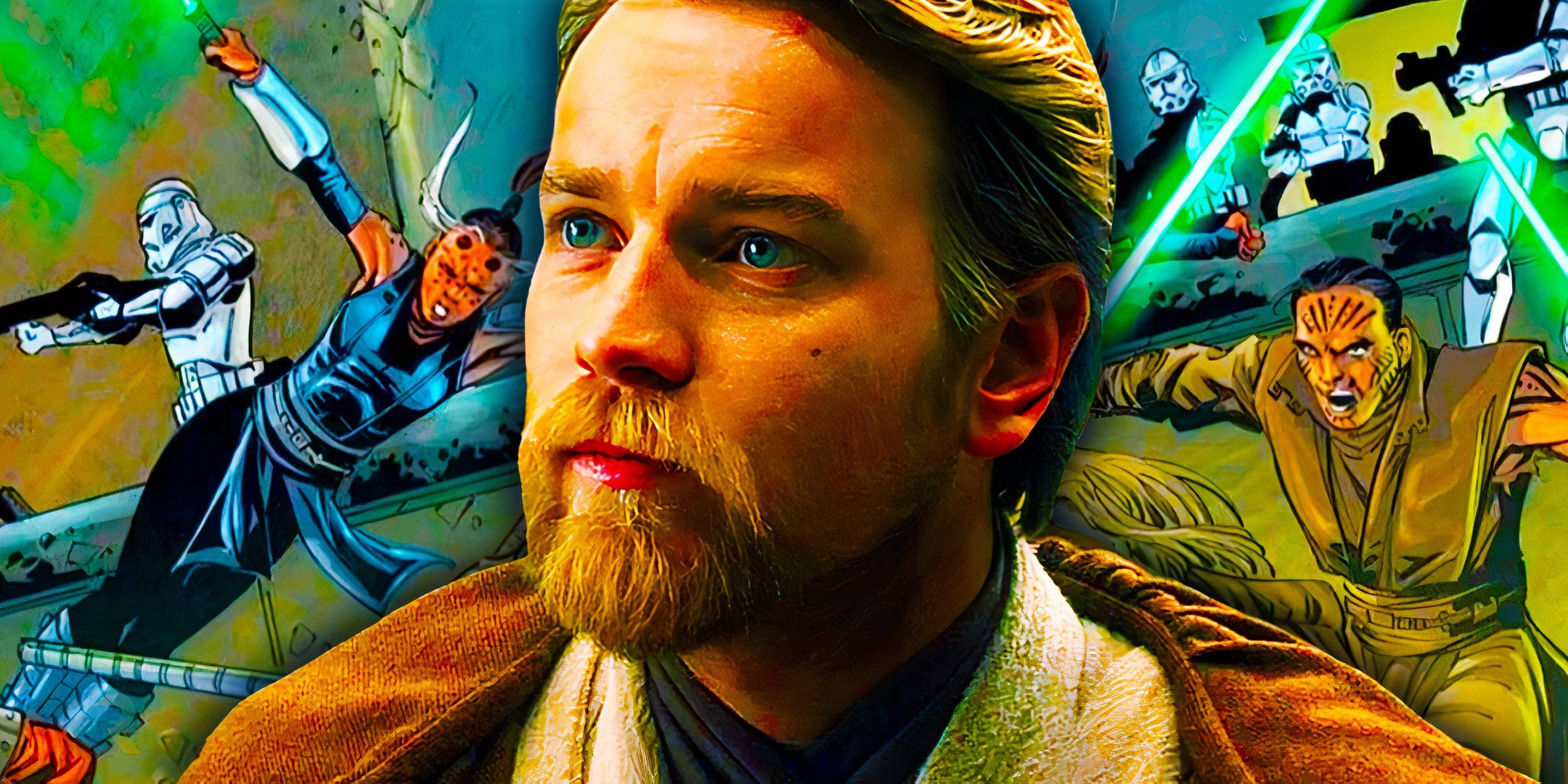 Ewan McGregor's Obi-Wan Kenobi in Revenge of the Sith, edited over a Star Wars comic