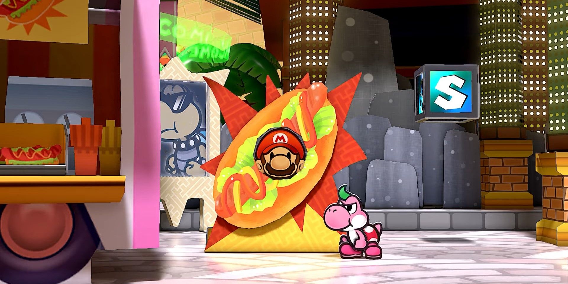 Mario em um local para fotos com Pink Yoshi próximo em Paper Mario The Thousand Year Door