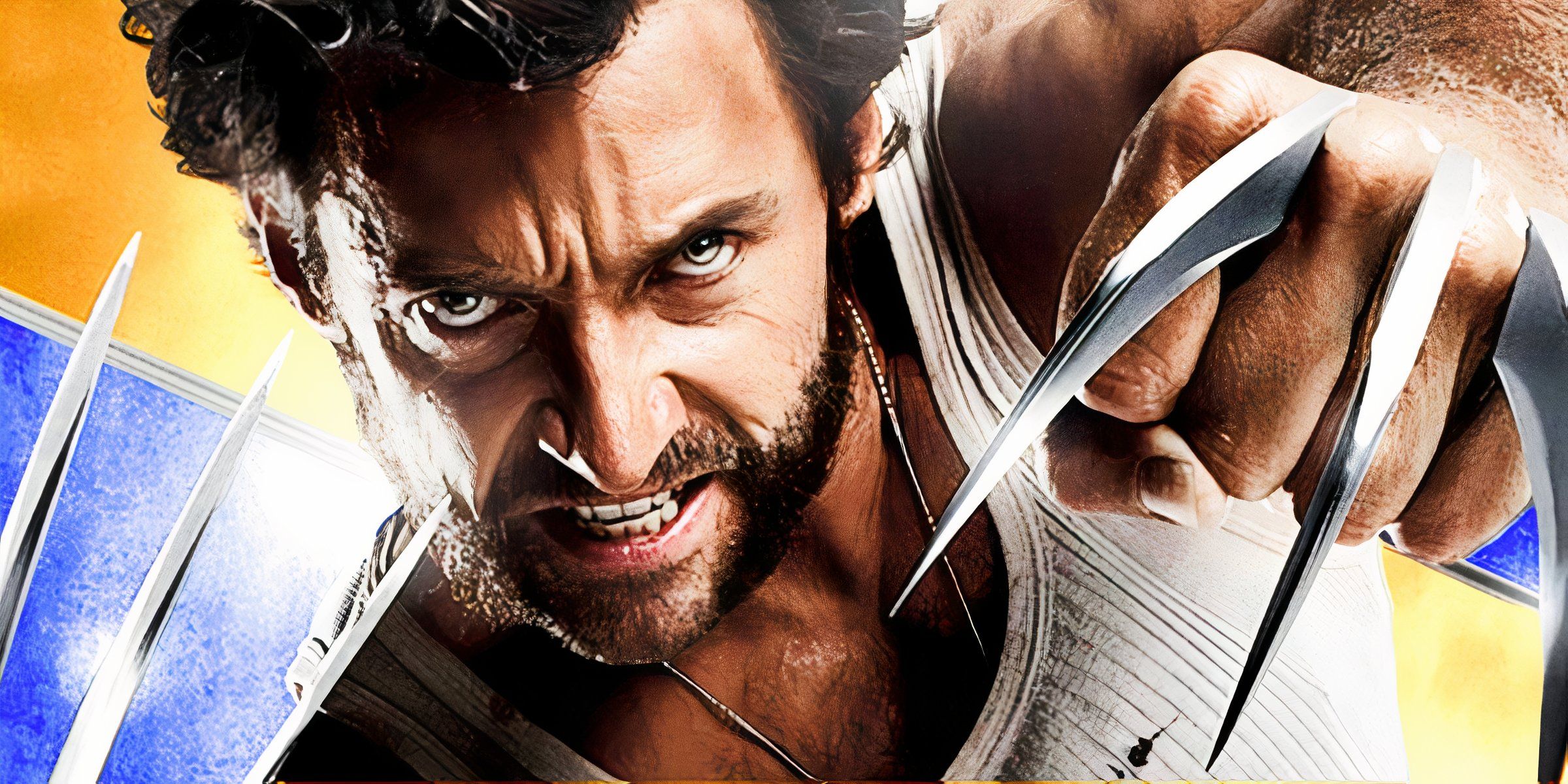 A close up of Hugh Jackman as Wolverine bearing his claws