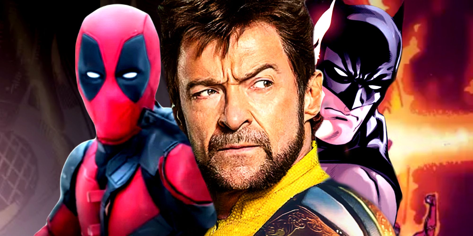 Hugh Jackman's Wolverine Looks to the Side Next to Ryan Reynolds' Deadpool and DC Comics Batman