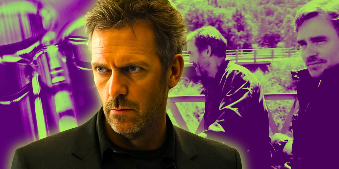 Hugh Laurie as Dr House looking serious on House with House and Wilson on motorcycles in the series finale in the background