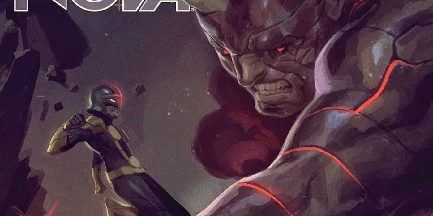 Nova facing off against Kluh, the evil version of Hulk.