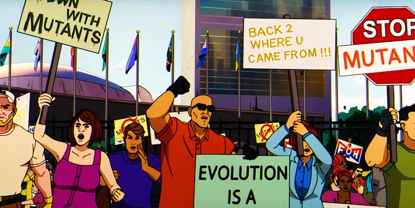 Humans protesting mutants in X-Men '97