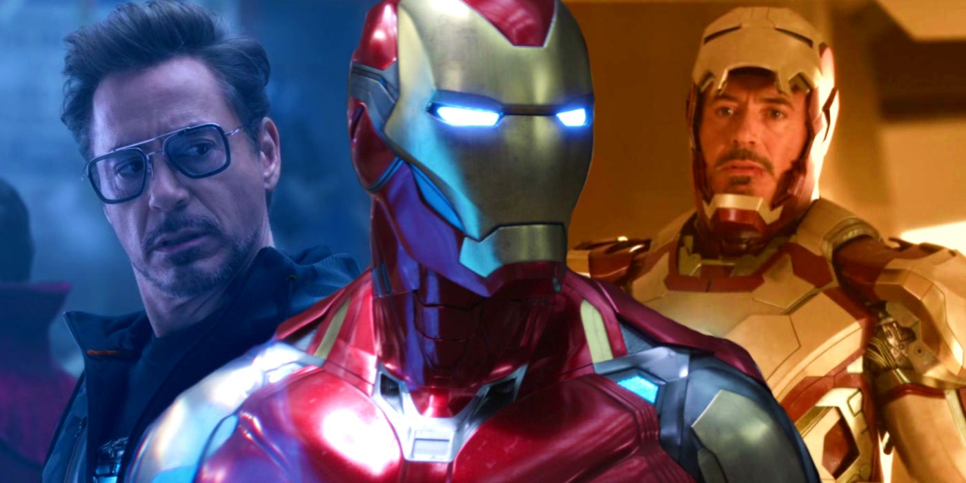 Split image of Robert Downey Jr. as Tony Stark/Iron Man in Avengers: Infinity War, Avengers: Endgame, and Iron Man 3
