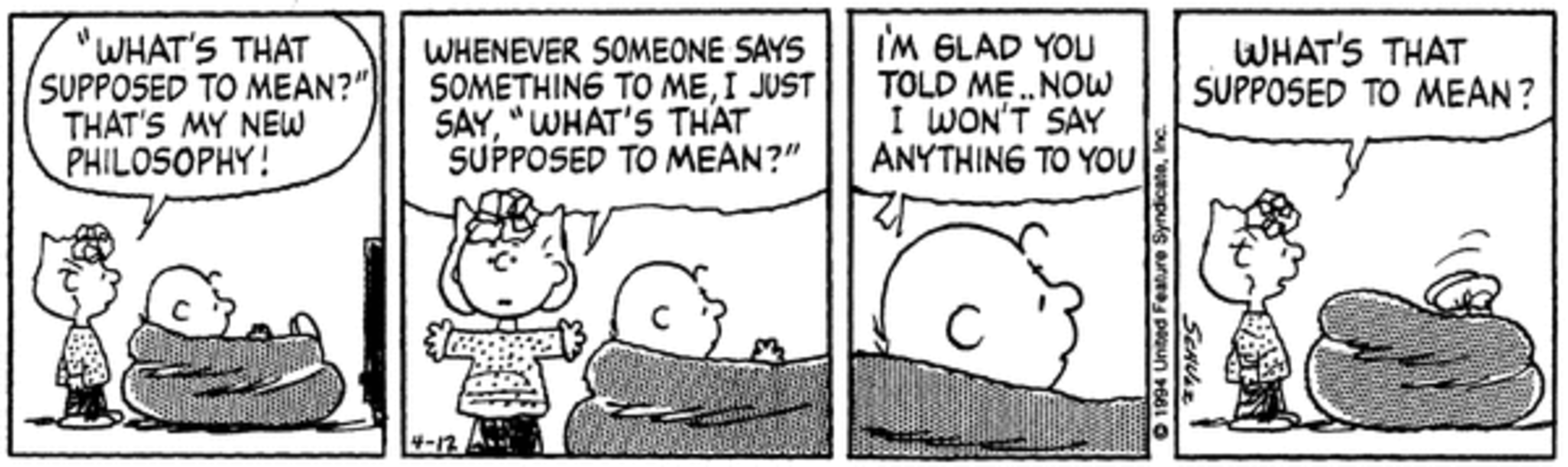 Peanuts, Sally's '90s catchphrase "what's that supposed to mean?"