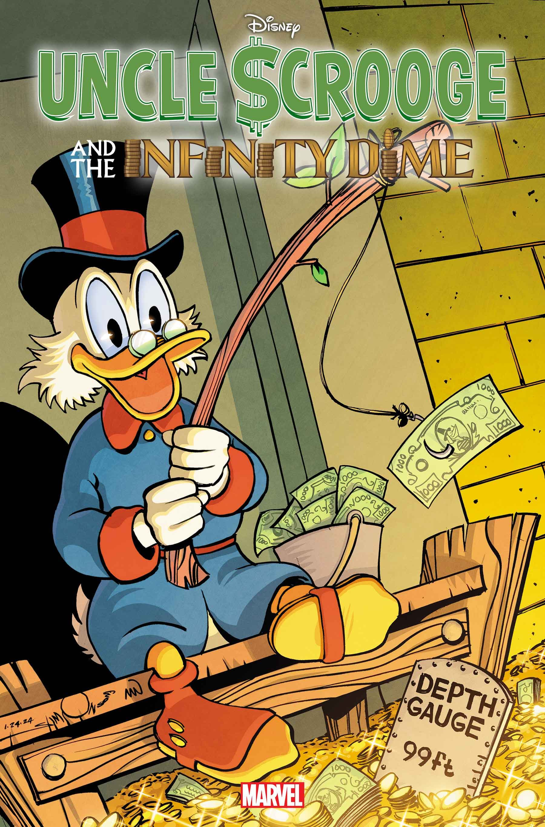 Scrooge McDuck sits and fishes a bill from his money bin 