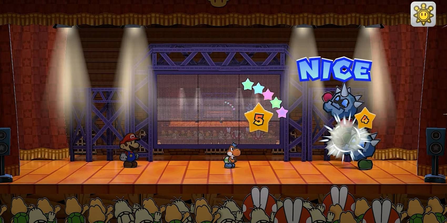 Paper Mario: The Thousand-Year Door usando o membro do grupo Yoshi e sua habilidade Gulp para derrubar um inimigo da Fenda de Ferro no outro