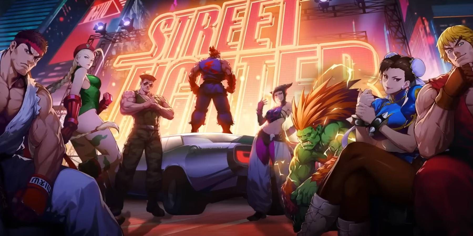 Arte de Street Fighter Duel com personagens como Blanka, Juri, Chun-Li, Ken, Ryu, Cammy, Guile e Akuma