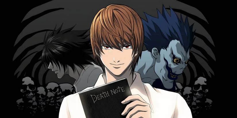 image of Death Note with Light Yagami in the forefront with Ryuk and L in the background