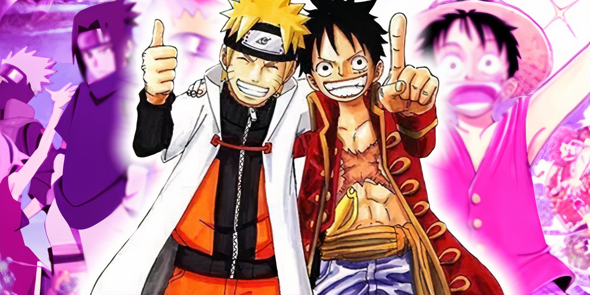 Image of Luffy and Naruto hugging each other and smiling