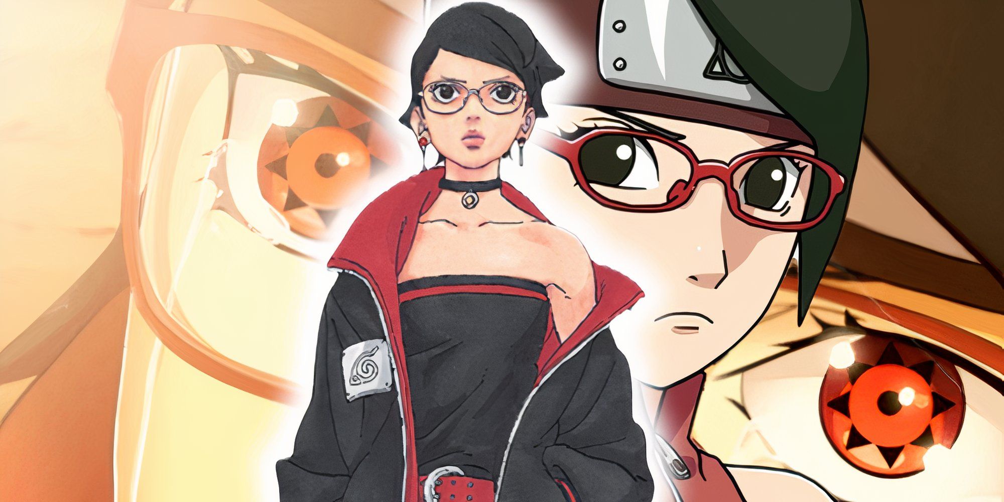 Image of Sarada grown up in Two Blue Vortex with an image of her younger in the background