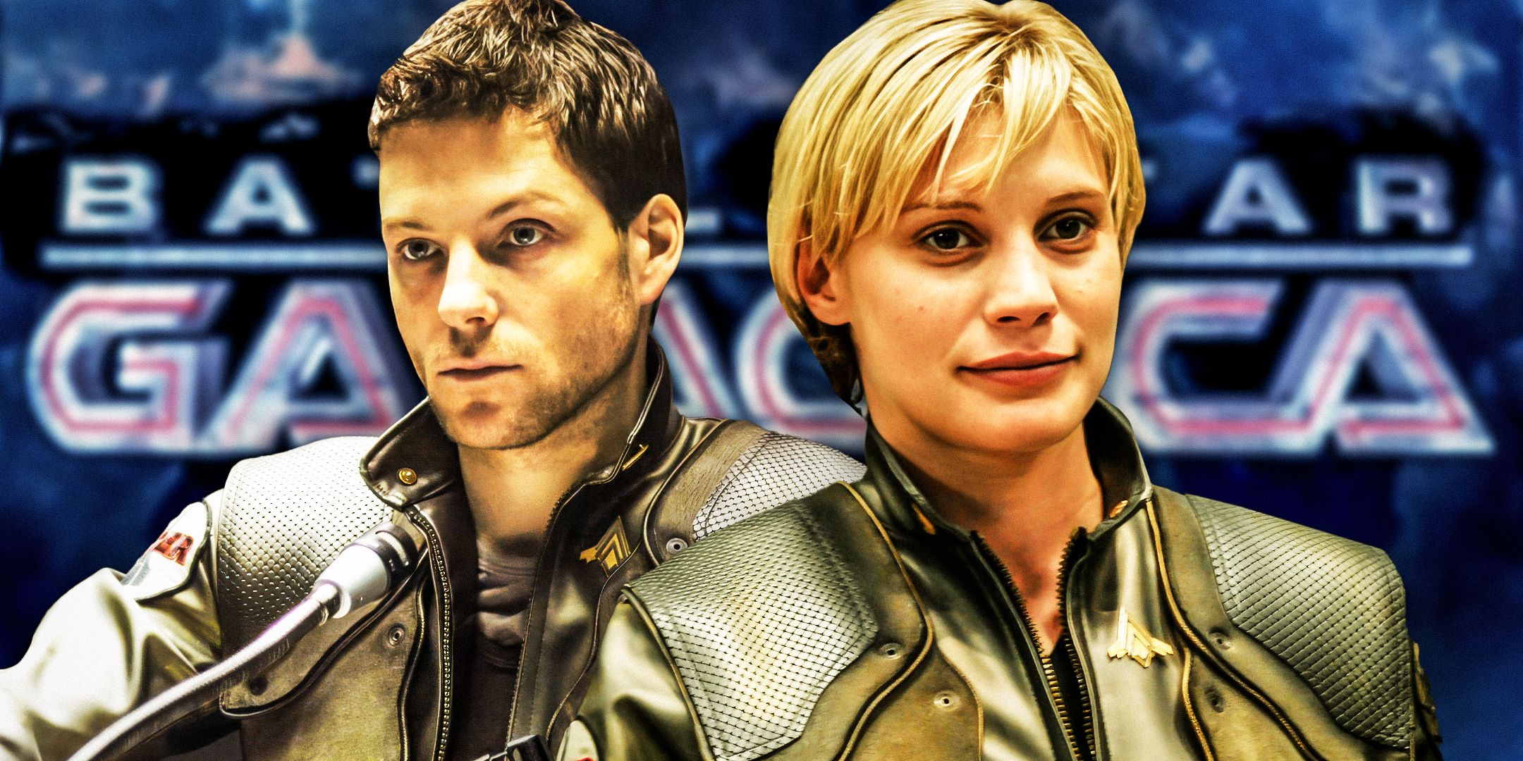 Apollo (Jamie Bamber) and Starbuck (Katee Sackhoff) in front of Battlestar Galactica logo