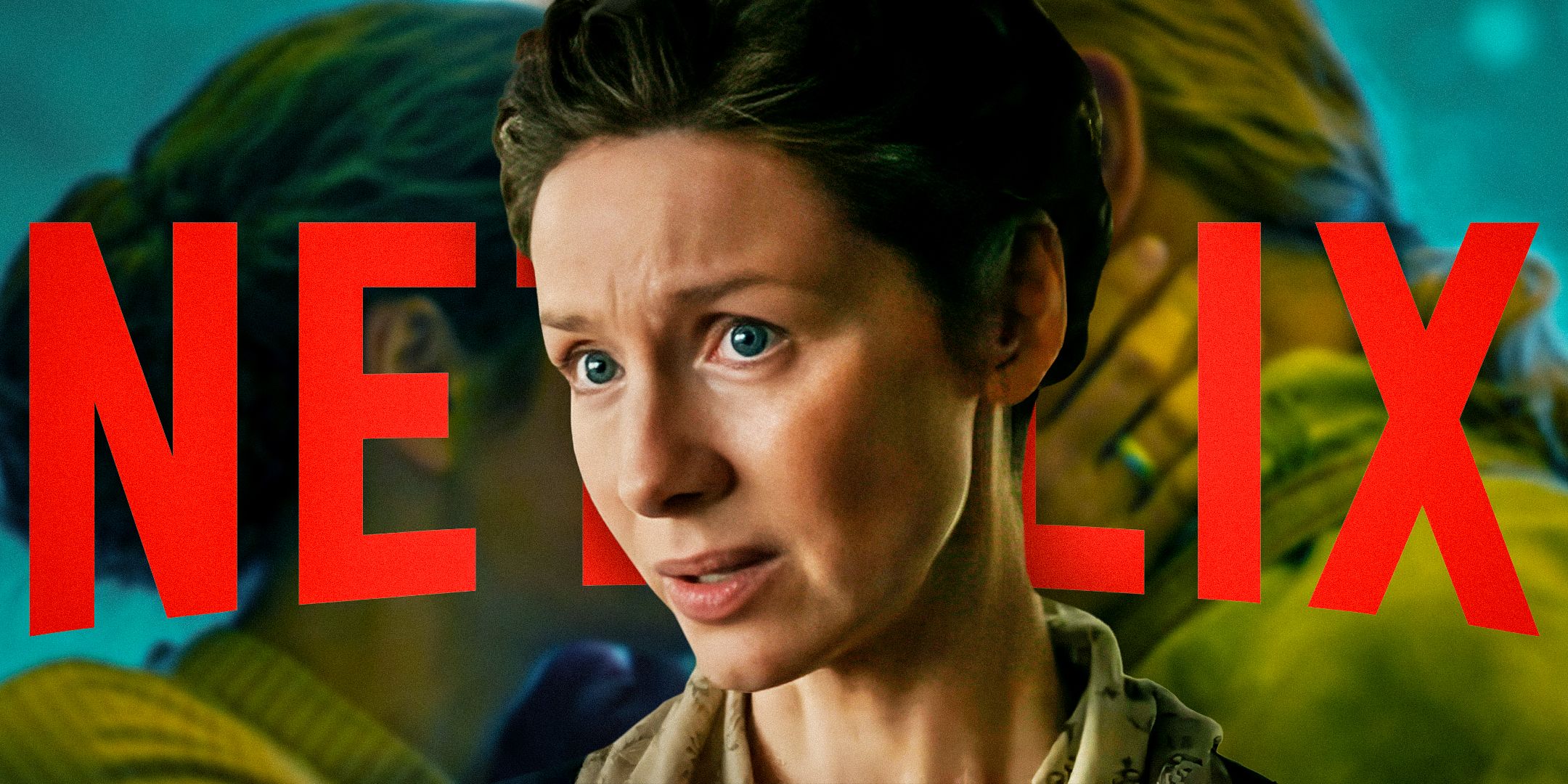 Caitríona Balfe as Claire Fraser looking confused in Outlander with Netflix logo behind her