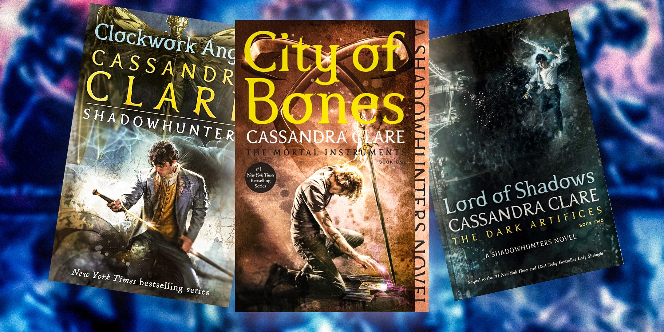 The covers of Clockwork Angel, City of Bones, and Lord of Shadows by Cassandra Clare