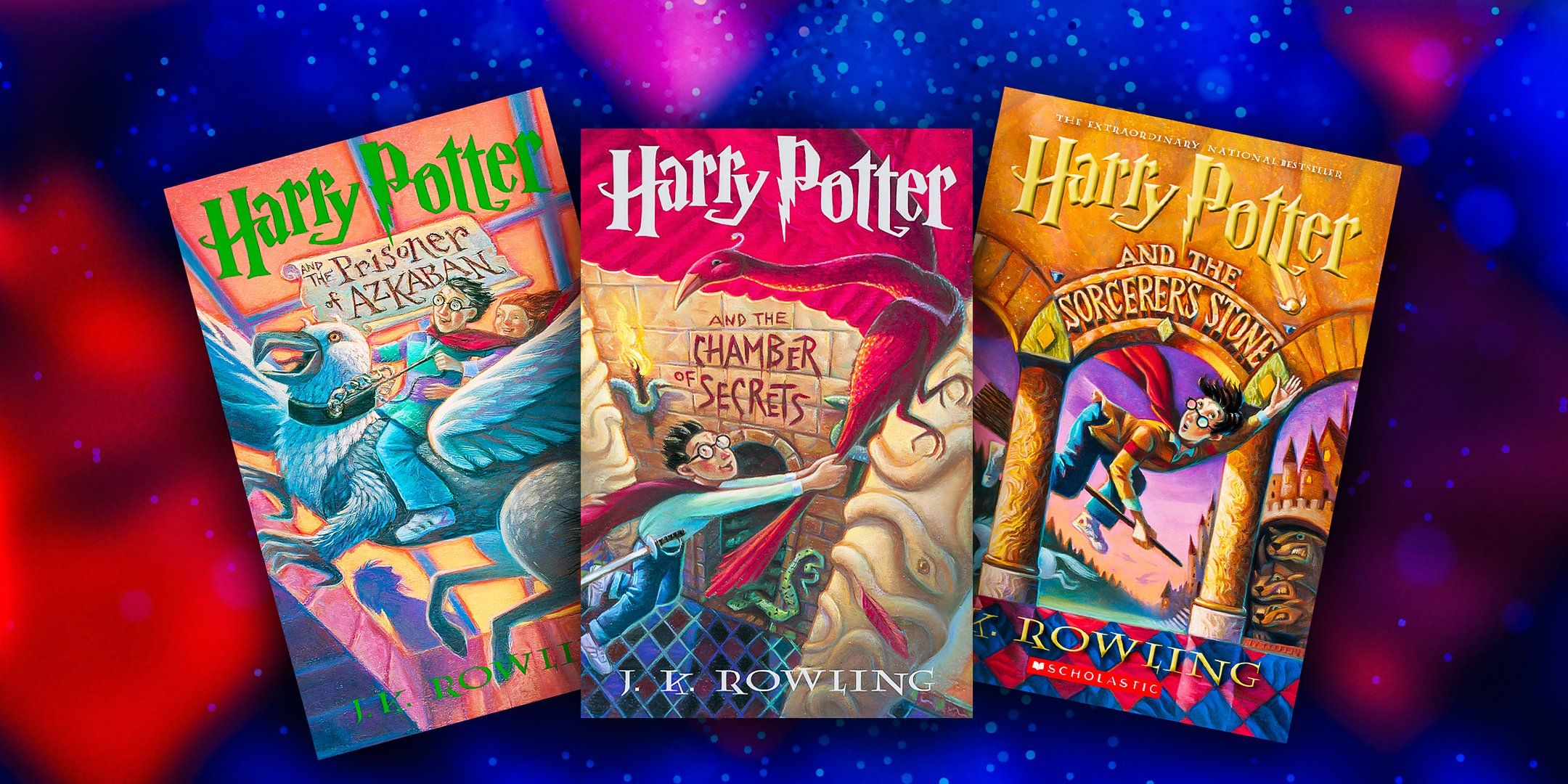 The covers of Harry Potter books 1, 2, and 3