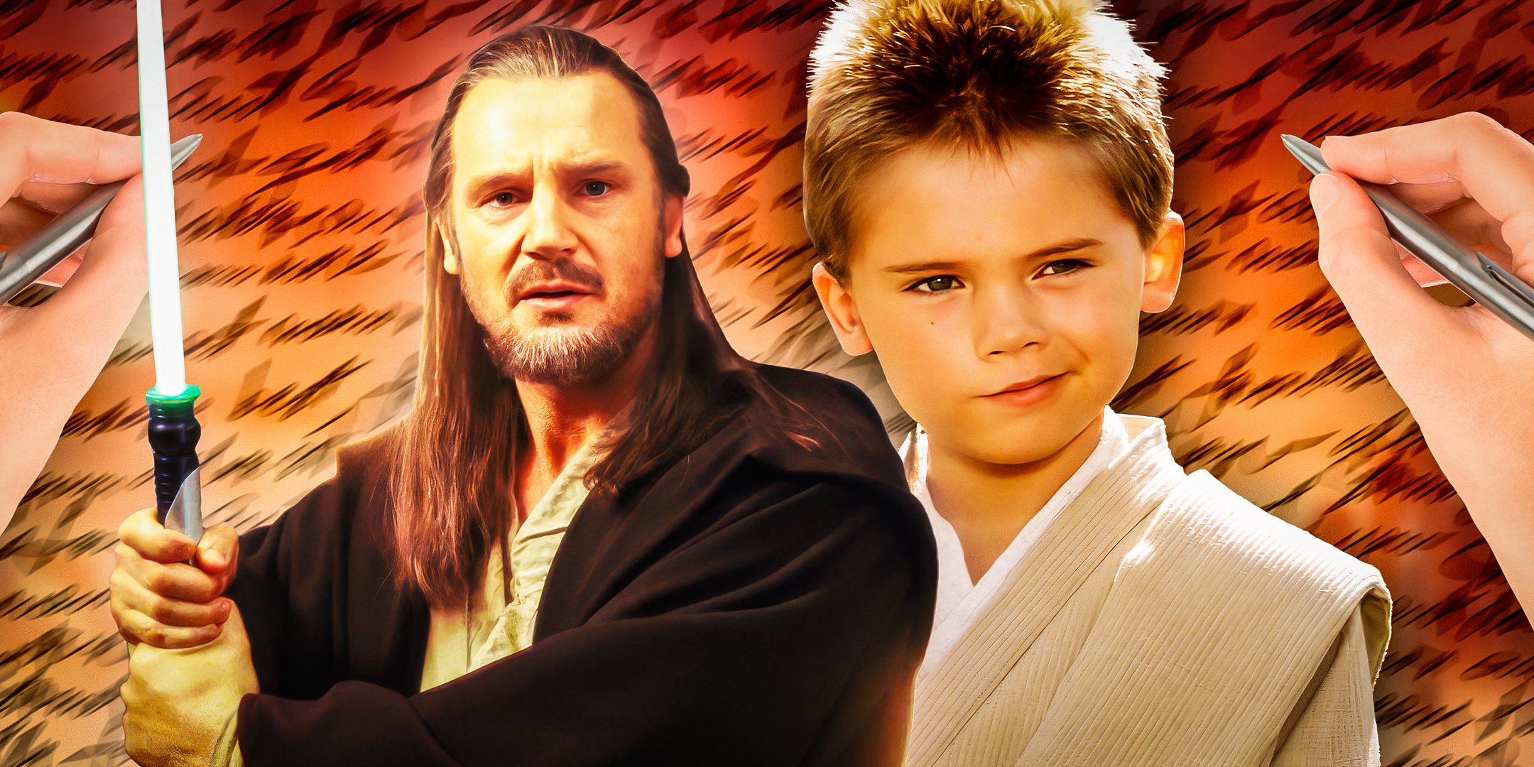 Liam Neeson's Qui-Gon Jinn and Jake Lloyd's Anakin Skywalker edited over written text