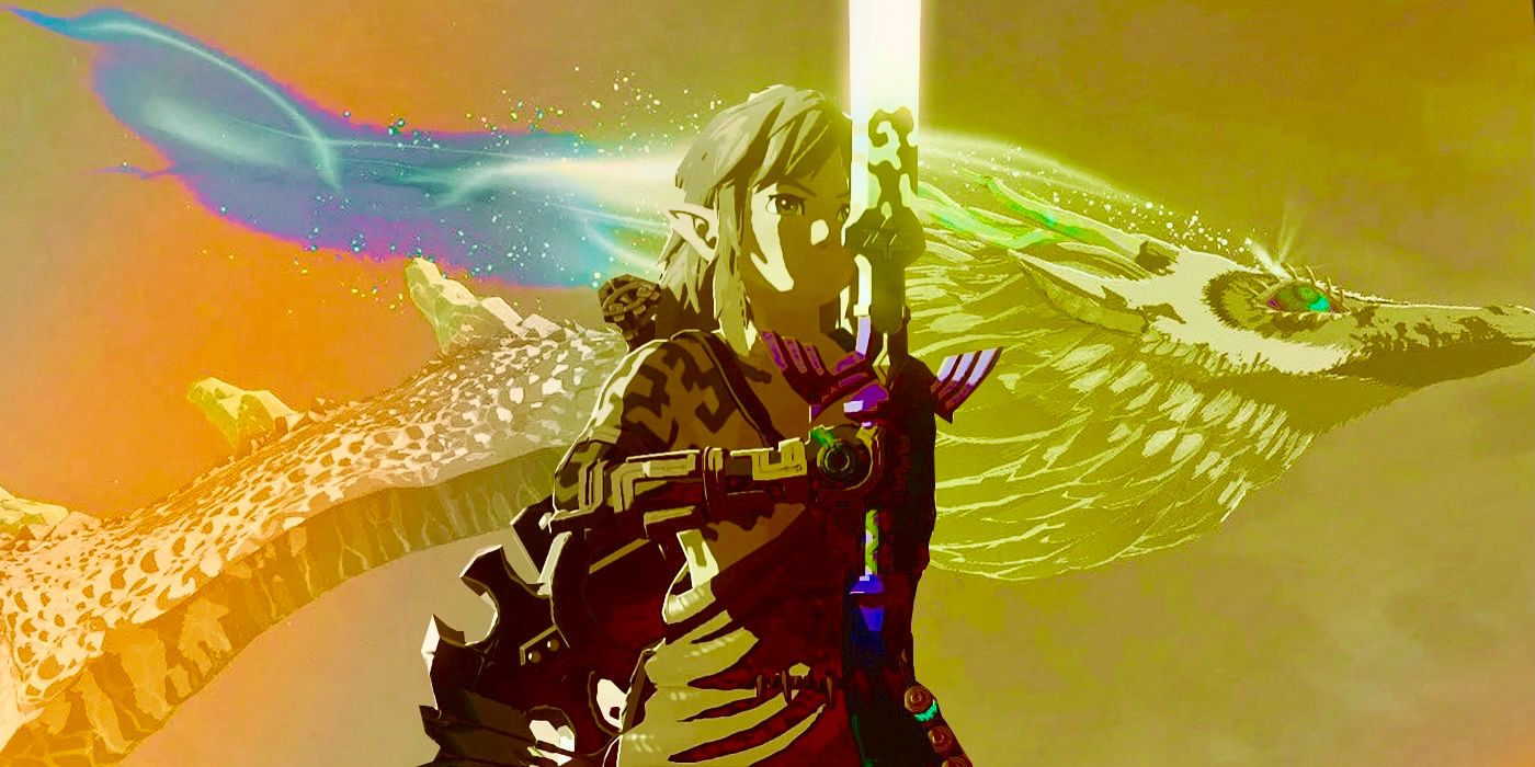 Link holding the Master Sword in Tears of the Kingdom with the Light Dragon flying in the background.