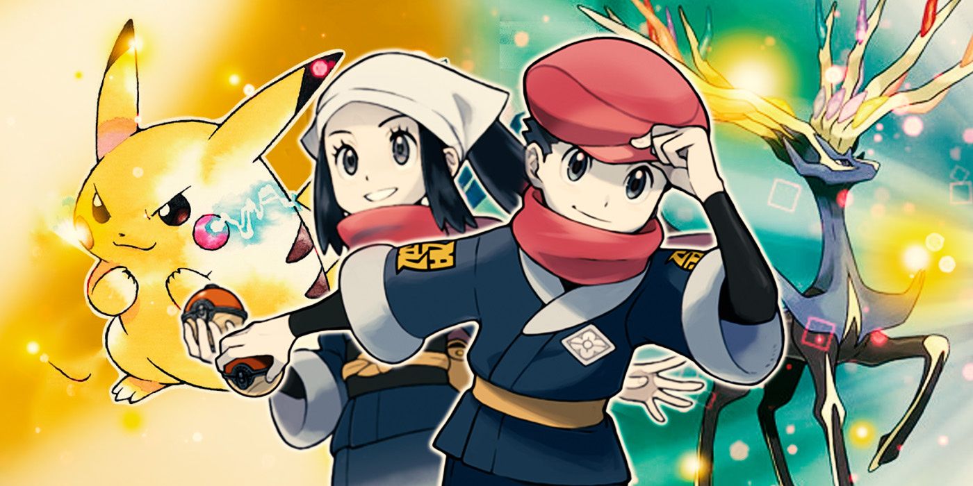 The Pokémon Legends: Arceus protagonists with art from Pokémon Yellow and Pokémon X in the background featuring Pikachu and Xerneas.