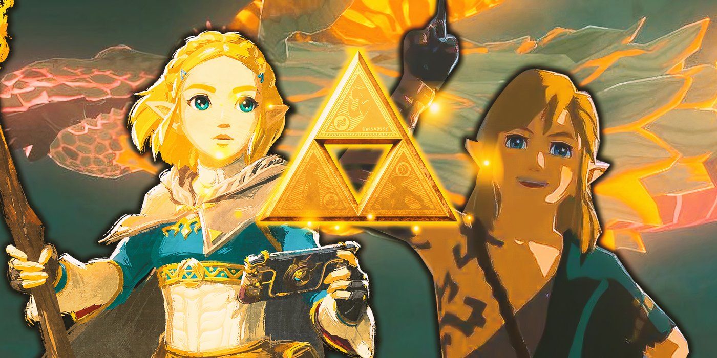 Zelda and Link with the Triforce between them.