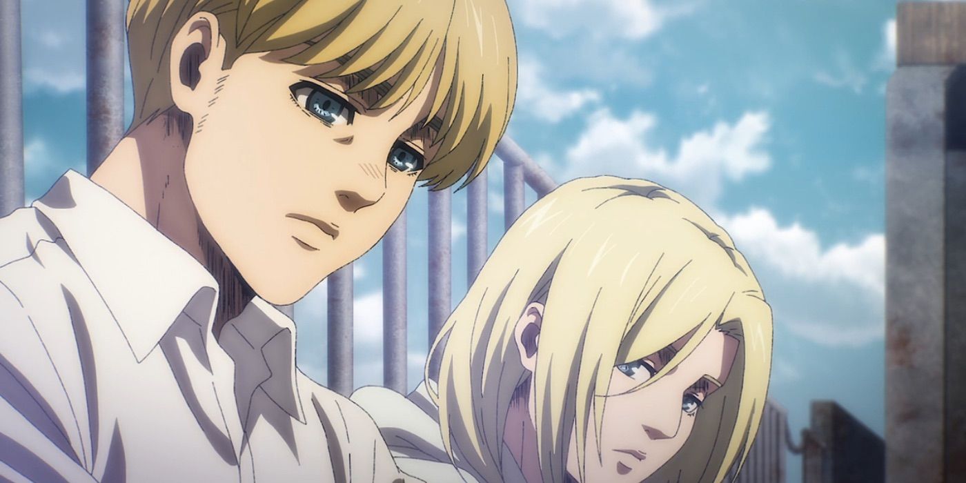 Armin and Annie together on the boat to Marley confessing their love in Attack on Titan