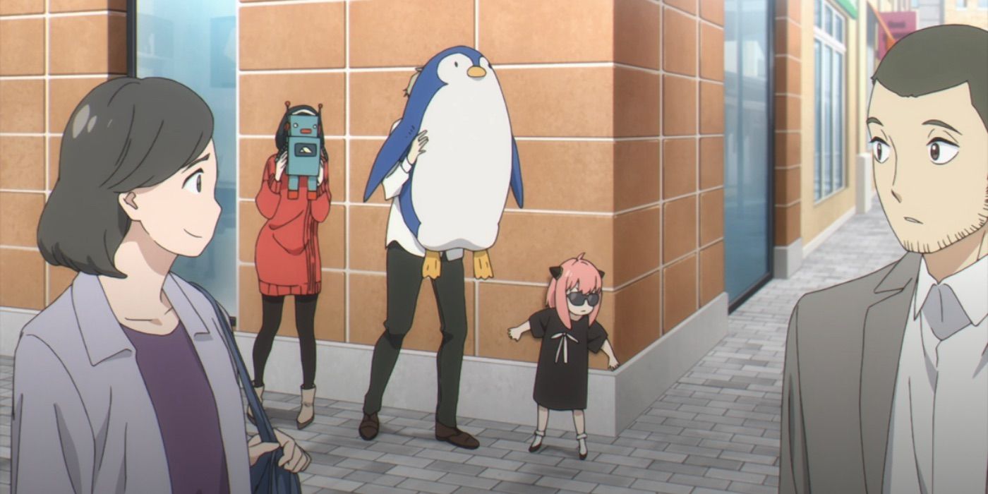 The Forgers are on a spy mission while Loid holds a stuffed penguin in Spy x Family
