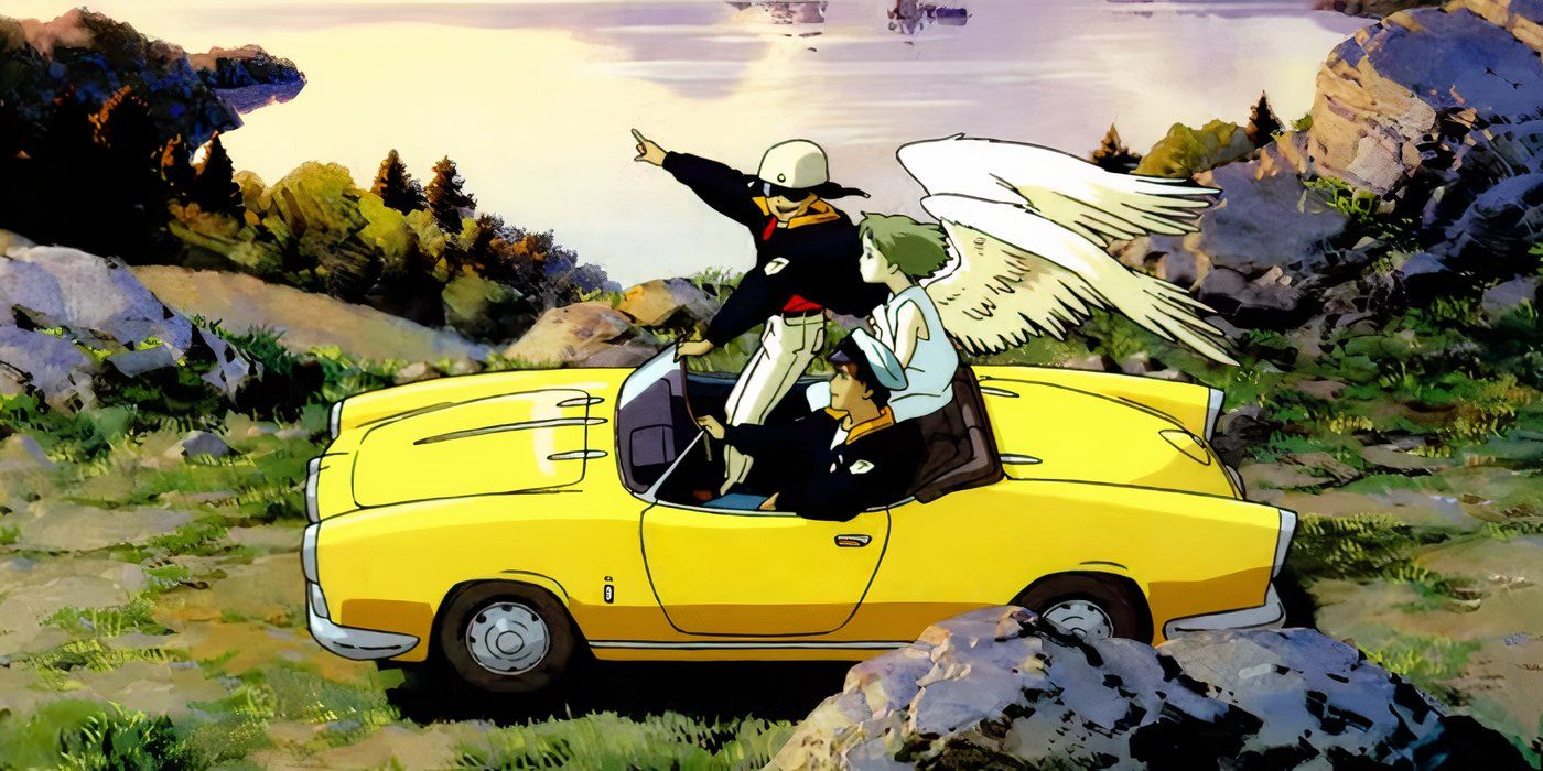 Chaga, Asaka, and Angel in their car in the On Your Mark Miyazaki short