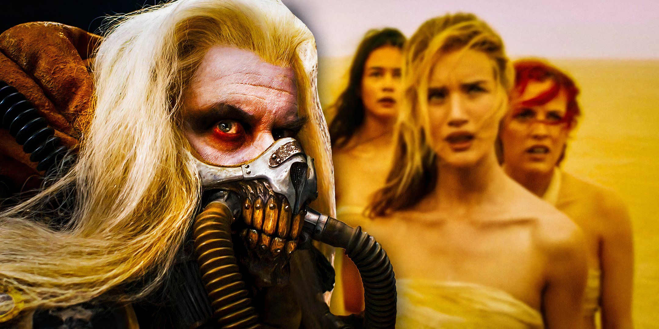 Immortan Joe (Hugh Keays-Byrne) and Angharad (Rosie Huntington-Whiteley), Capable (Riley Keough), and Cheedo the Fragile (Courtney Eaton) in Mad Max: Fury Road