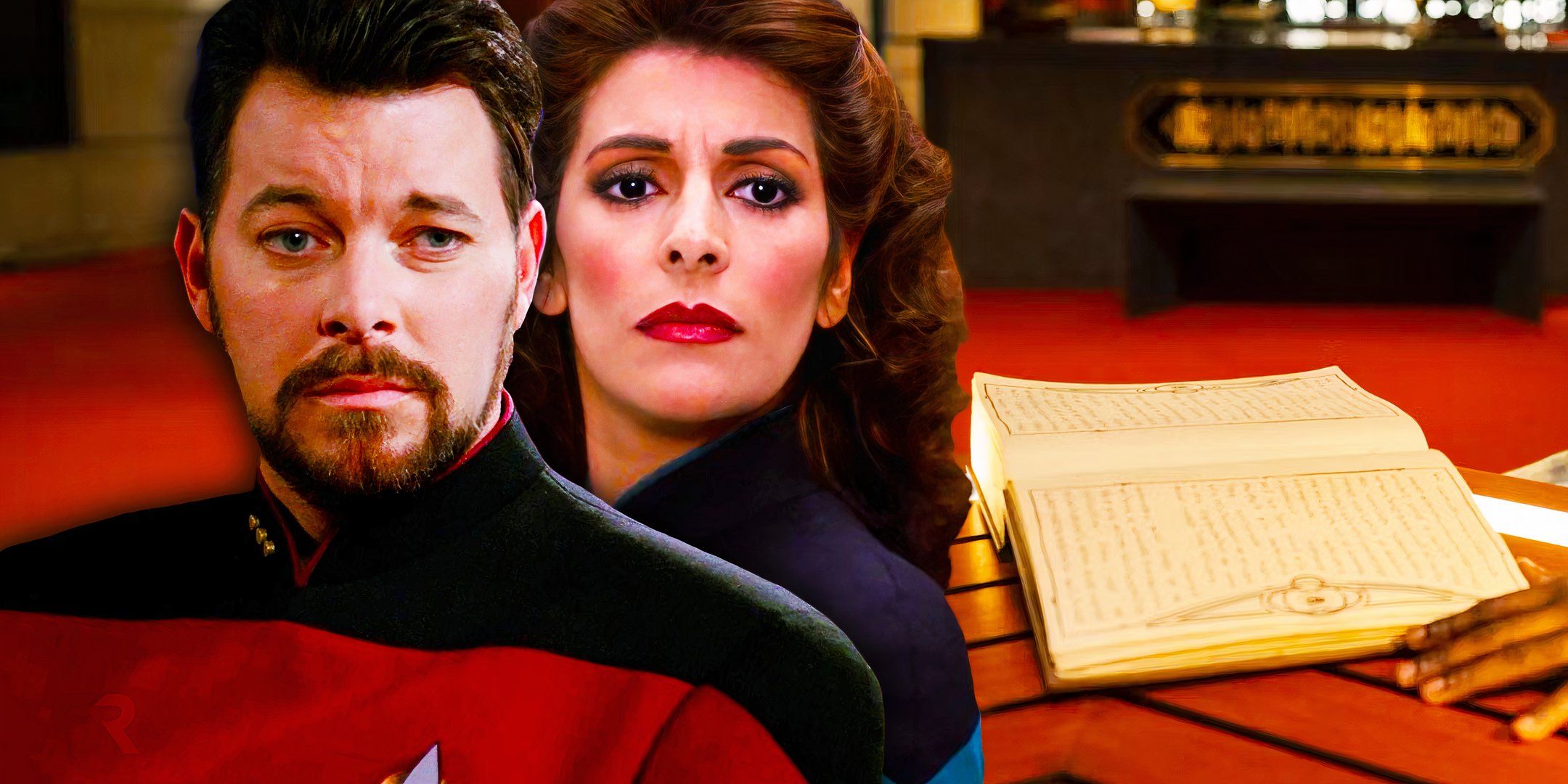 Commander Riker and Counselor Troi in front of Labyrinths of the Mind in Star Trek Discovery