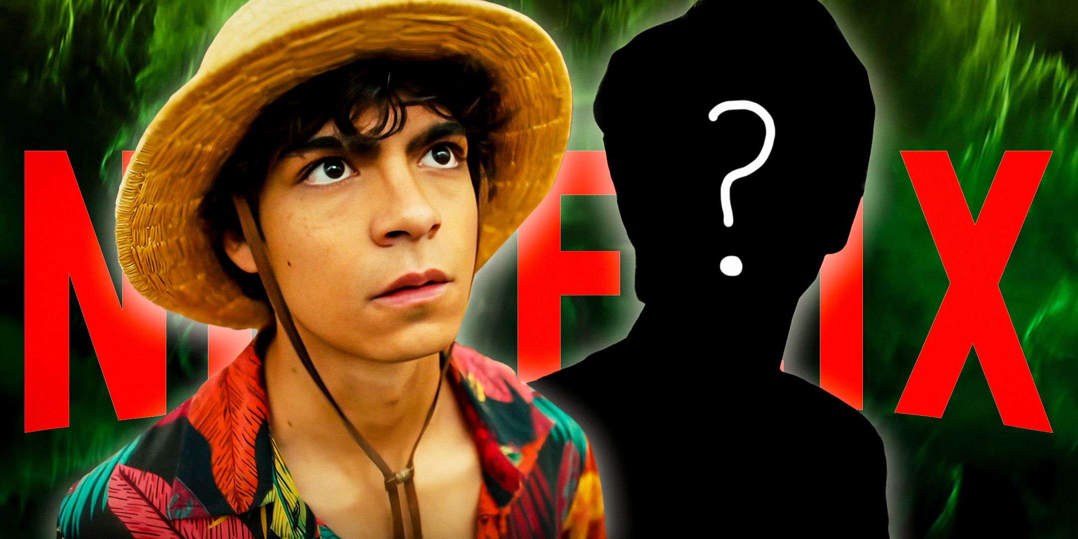 Iñaki Godoy as Monkey D. Luffy looking awed from Netflix's live-action One Piece with a mystery figure behind him