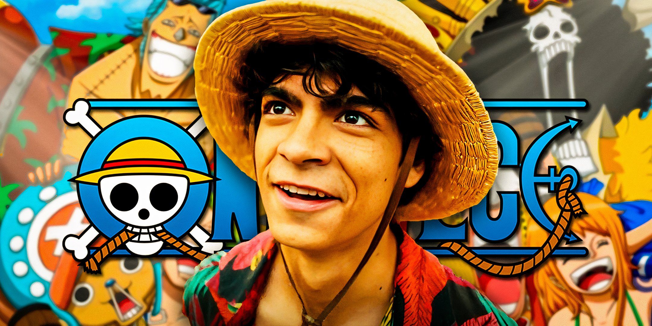 Inaki Godoy as Luffy in One Piece in front of the Netflix logo and anime crew.
