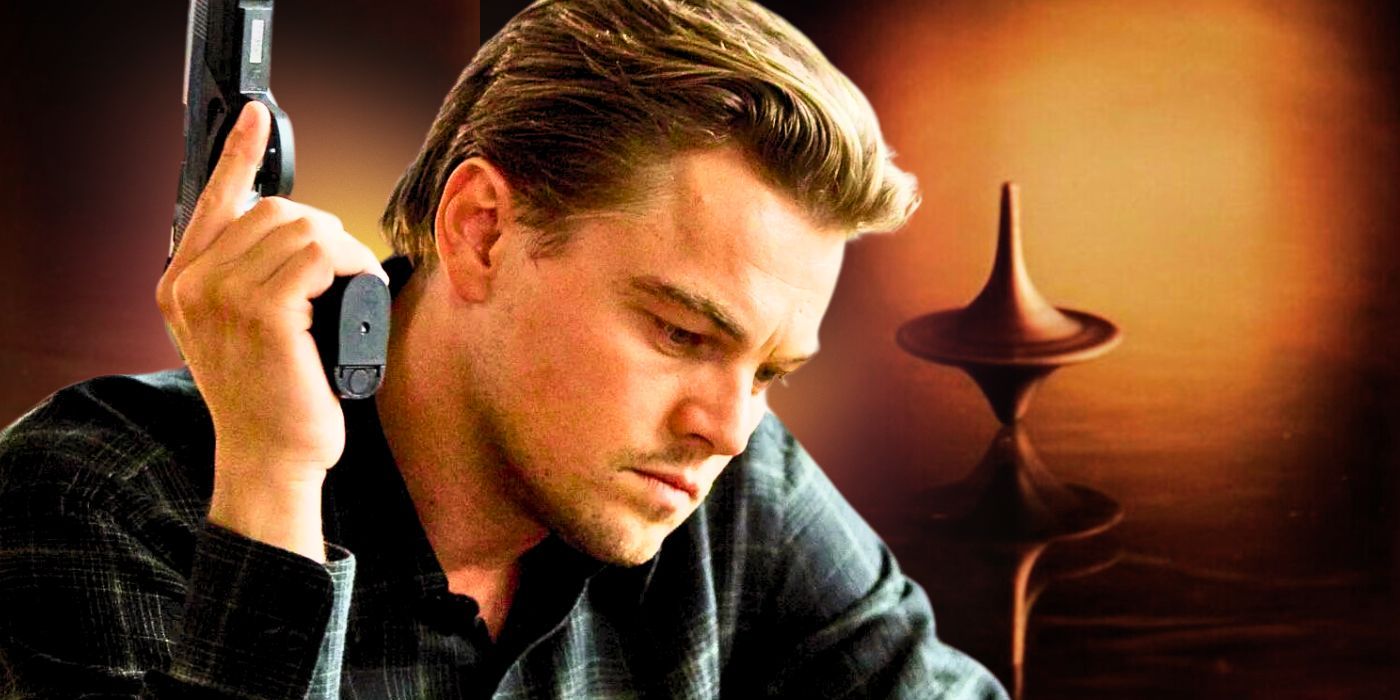 Leonardo DiCaprio as Cobb holding a gun and the spinning top