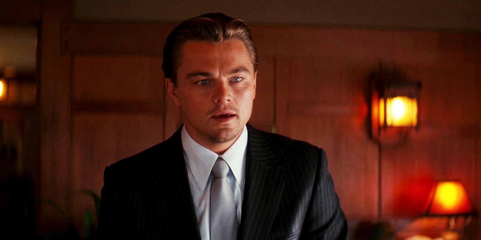 Leonardo DiCaprio as Cobb looks surprised in “Inception.”