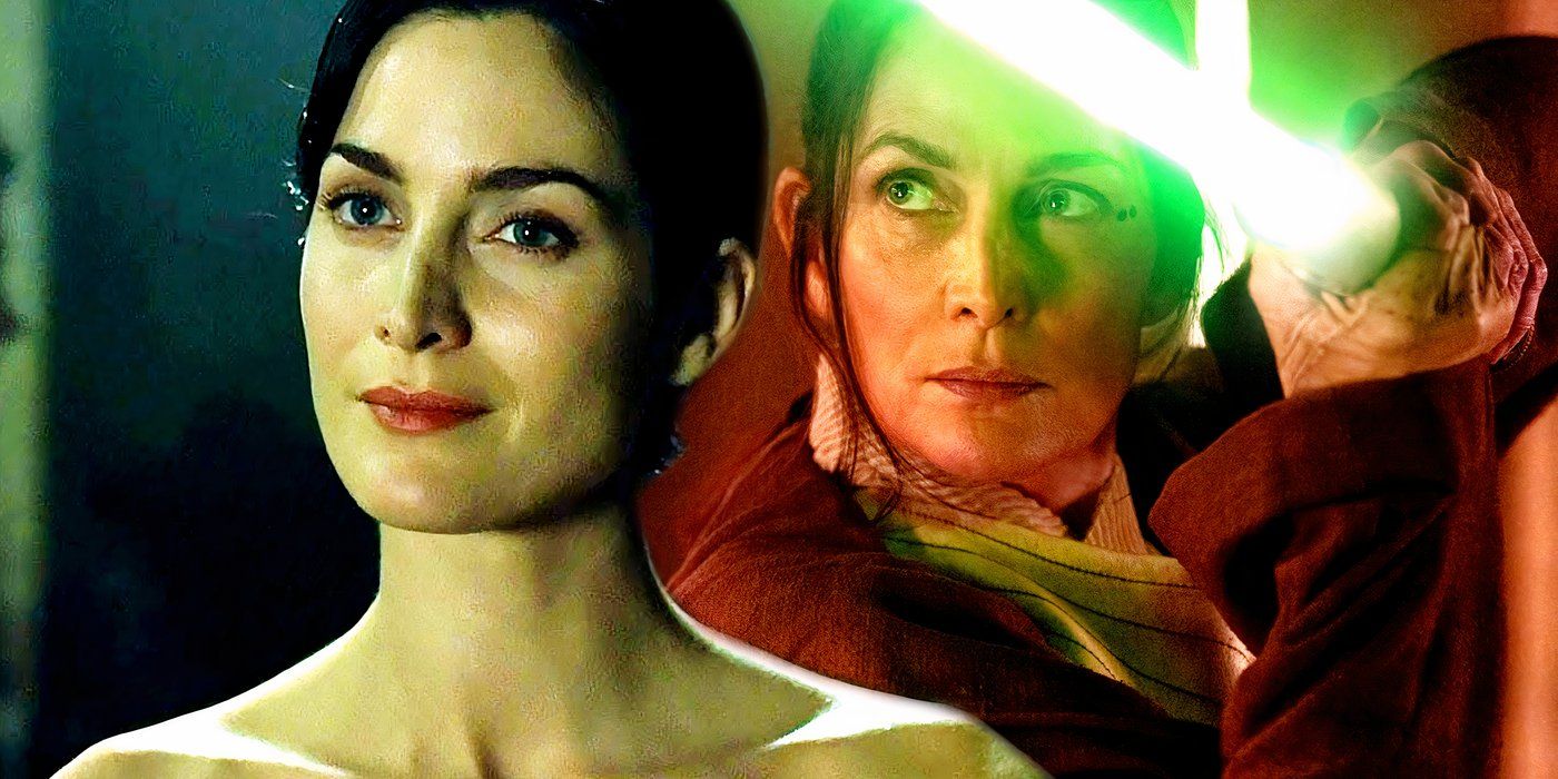 Indara using her green lightsaber in The Acolyte and Trinity smiling in The Matrix