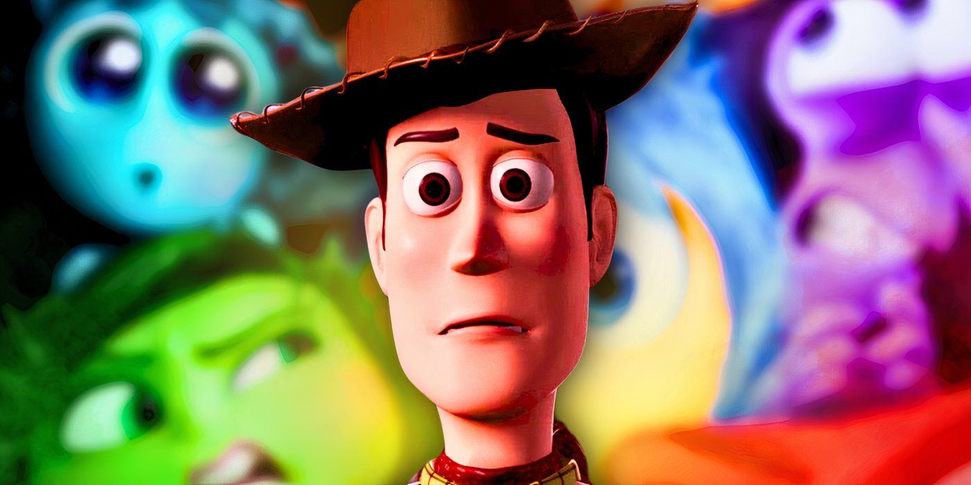 Woody from Toy Story in front of blurred Inside Out background.