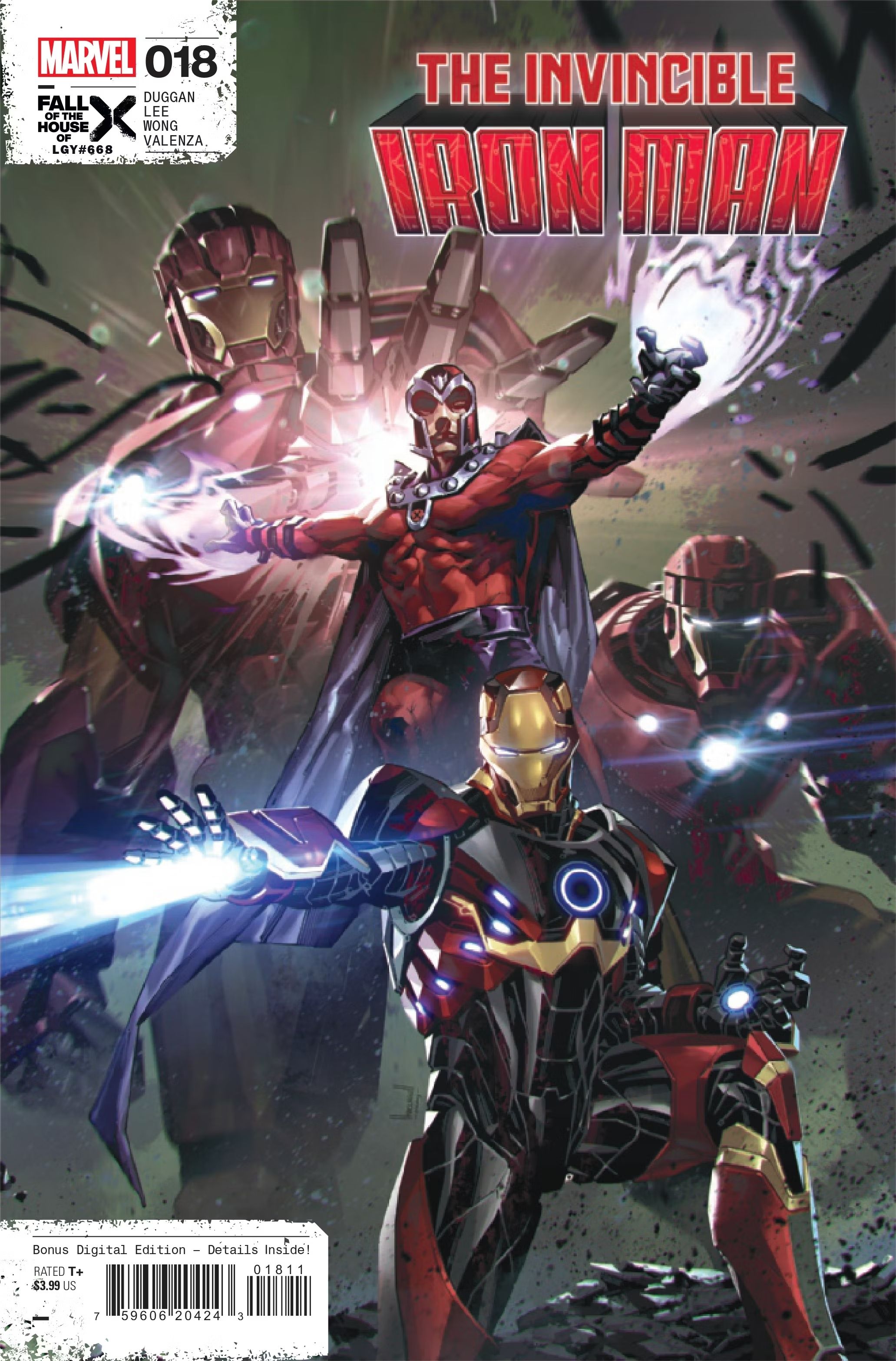 Os Sentinelas Stark aparecem atrás de Magneto e do Homem de Ferro enquanto eles liberam energia. 