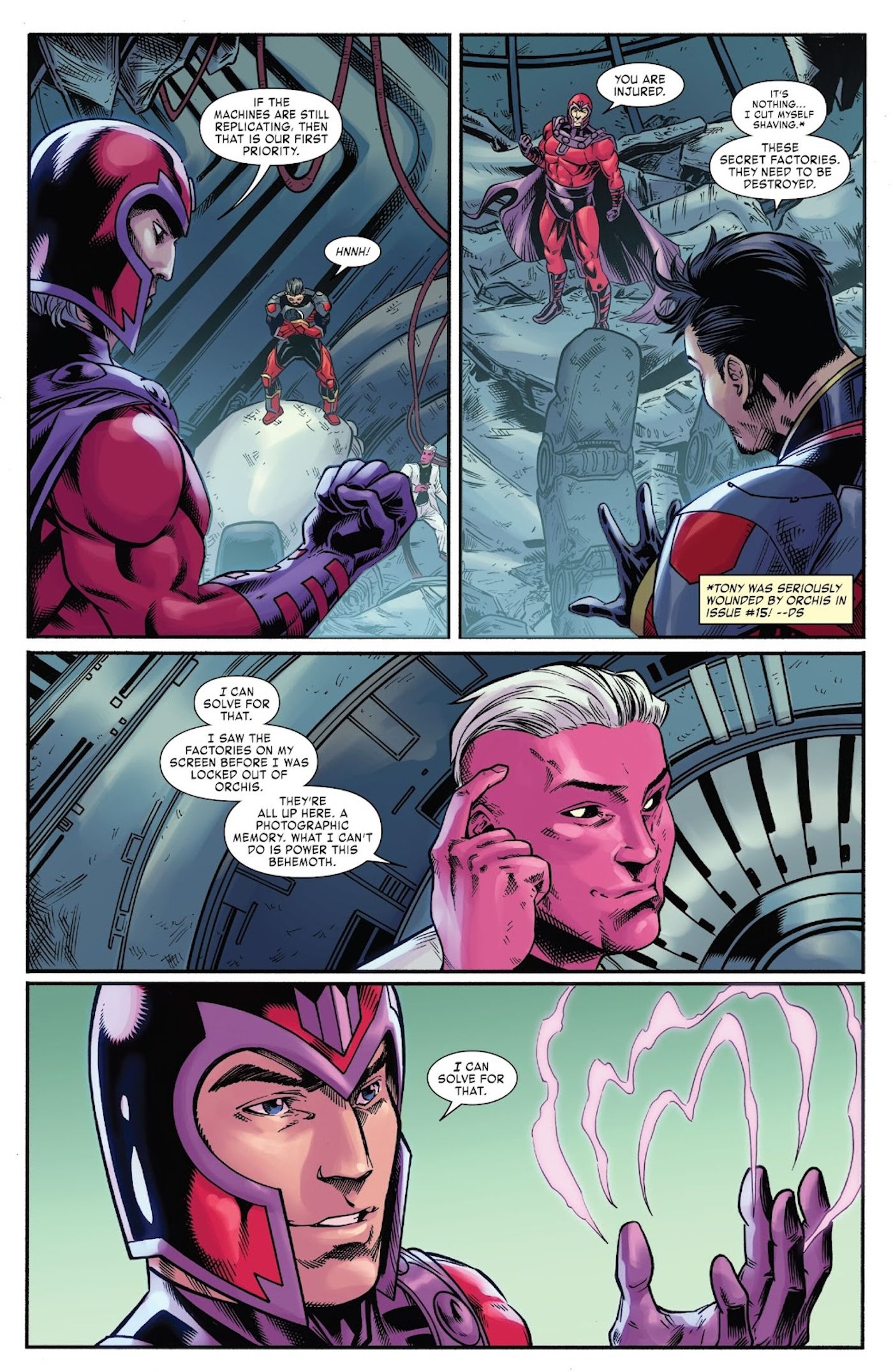 Magneto, Feilong e Homem de Ferro discutem o Sentinel Buster e Magneto sugere que ele pode alimentá-lo. 