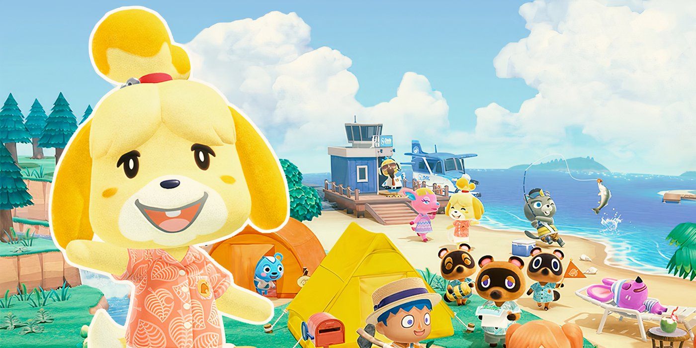 Isabelle from Animal Crossing New Horizons on a background from the game.