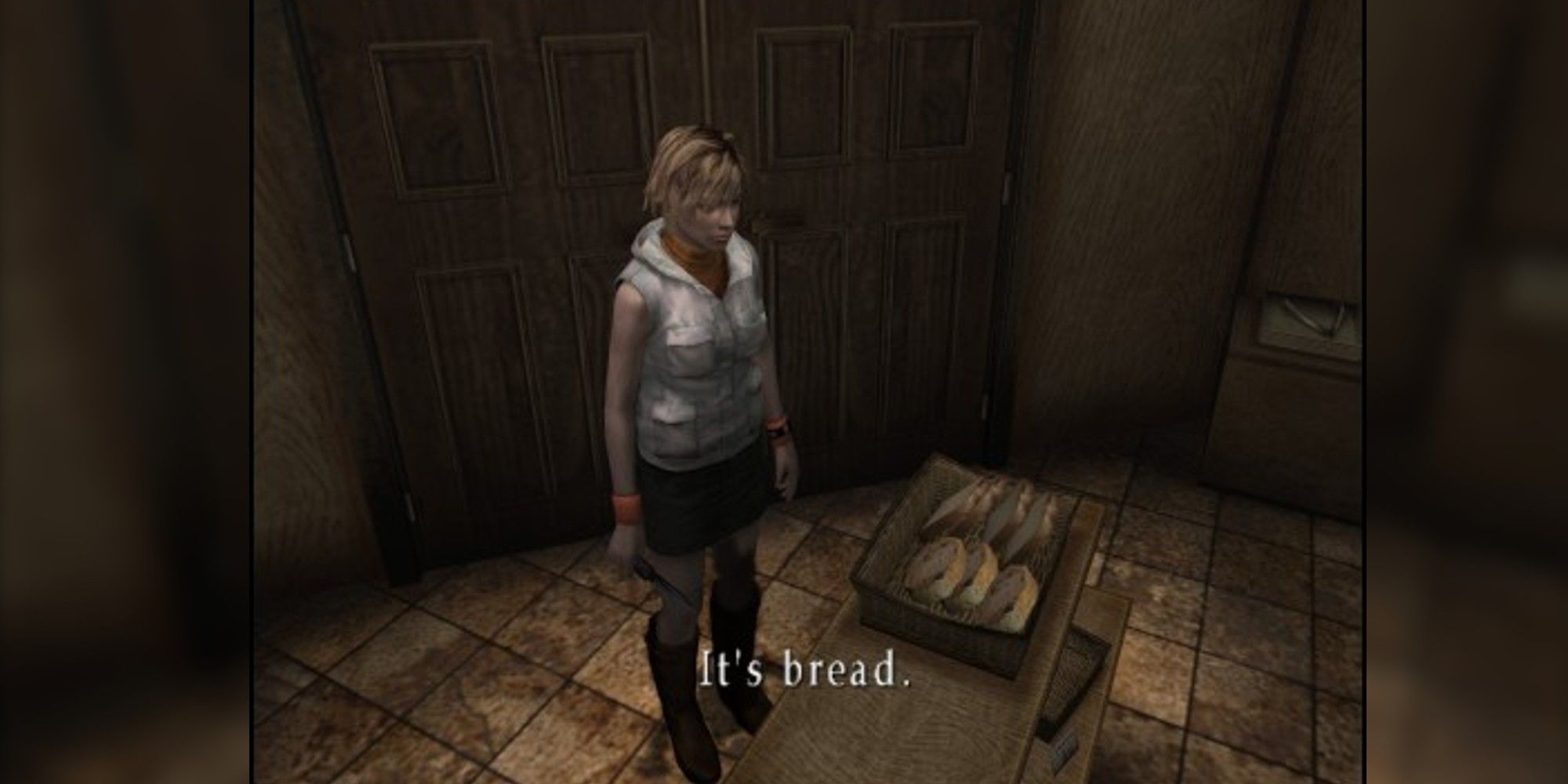 Heather Mason looking at bread in a shop in Silent Hill 3. Text reads: it's bread.
